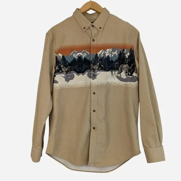 Croft & Barrow Wolf Mountain Scene Novelty Print Button Up Shirt Tan Medium - Picture 2 of 8